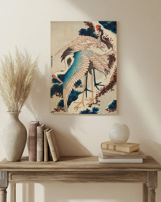 Cranes on snow-covered pine Print