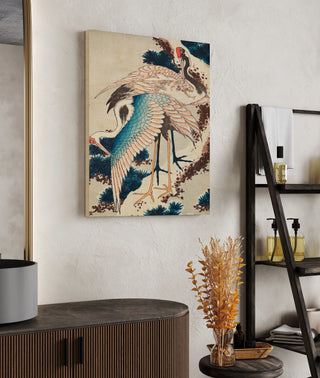 Cranes on snow-covered pine Print